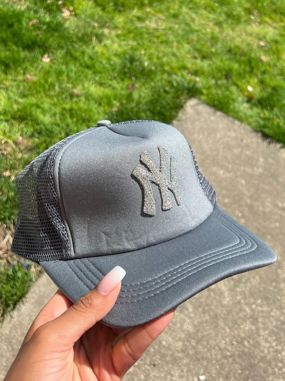 Gray NY Yankee Blinged Logo Trucker Hat